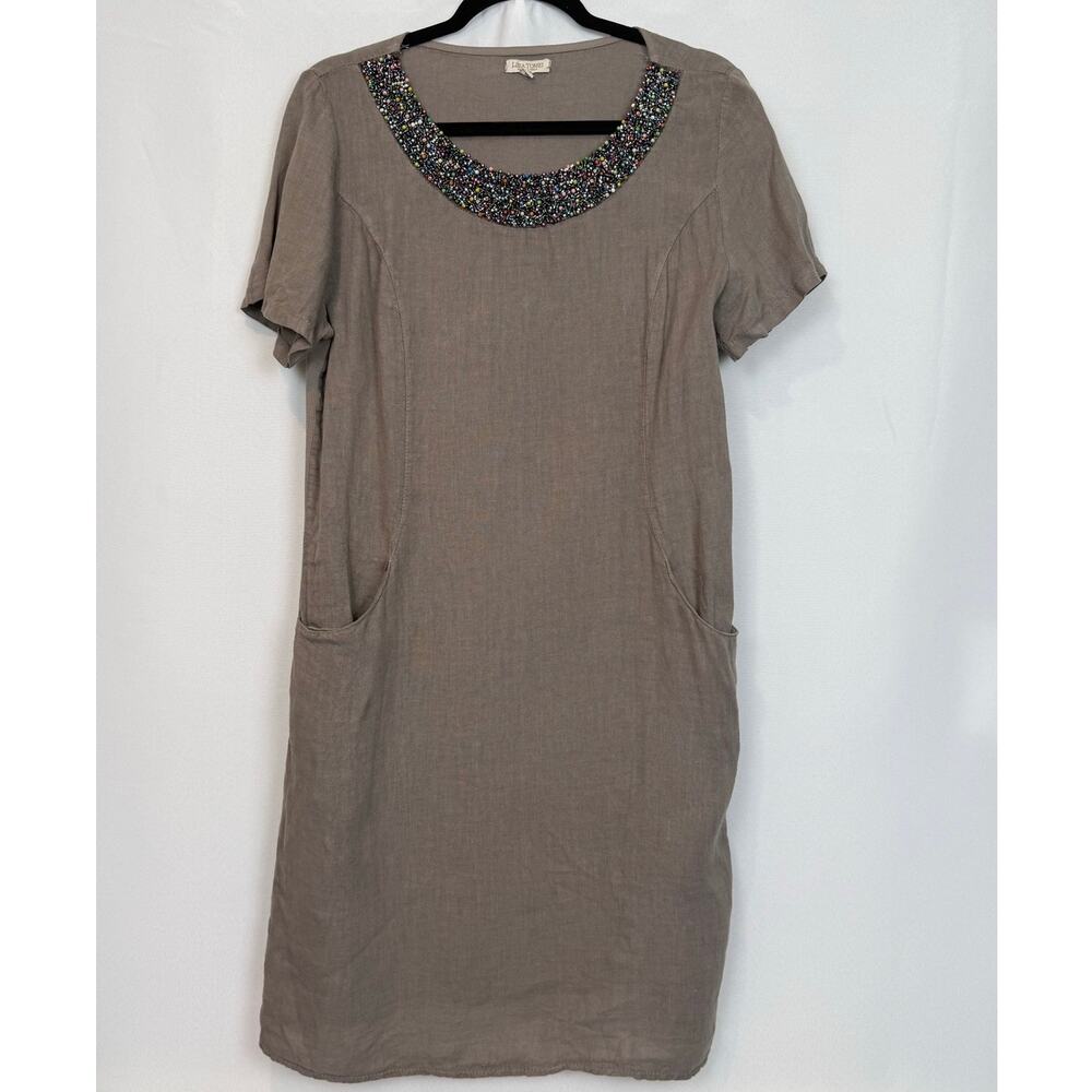 Lina Tomei Linen Dress Medium Beaded Neckline Taupe